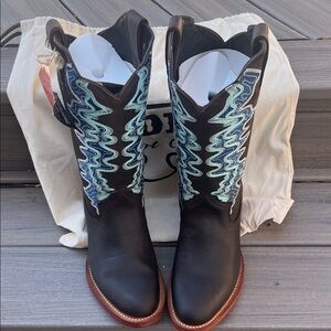 Women’s Dark Brown Lace-Up Western Boots with Turquoise Stitching